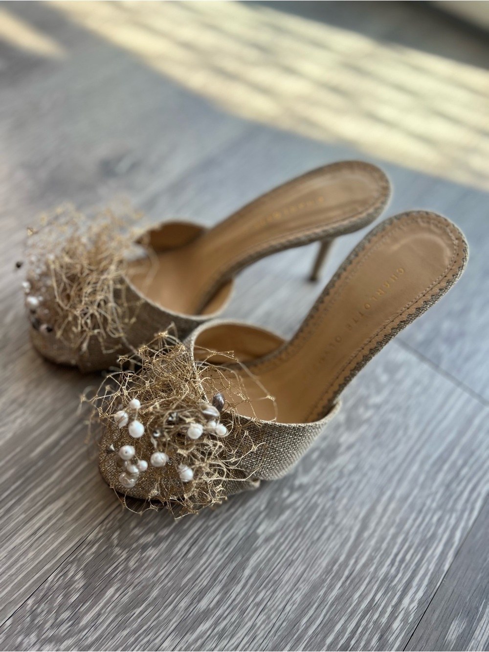 Charlotte Olympia Gold Peep-Toe Fringe Pearl Mule Heels